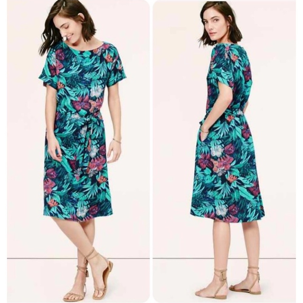 Loft Tropical Print Linen Tie Waist Dress